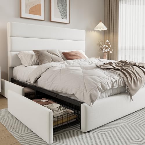 Modern Queen Size Platform Bed Frame with 4 Storage Drawers
