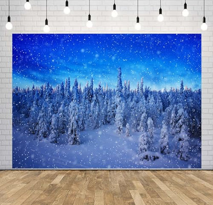BELECO 12x8ft Fabric Winter Snow Forest Backdrop Snowy Pine Forest Snowflakes Blue Winter Wonderland Background Christmas Party Decorations Banner Photo Video Props - size: 12x8FT