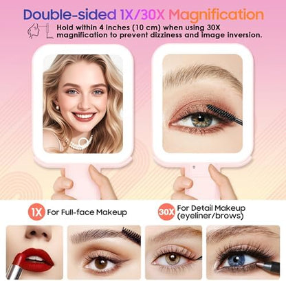 GOMIPURU Magnifying Travel Mirror with Light, 30X/1X Double-Sided Magnifying Mirror with 3 Color Lights, Brightness Adjustable, Foldable Handheld Makeup Mirrors Portable for Travel and Desktop, Rosy