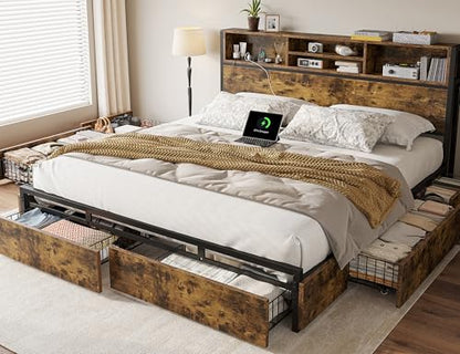 King Bed Frame with 6 Storage Drawers, Charge Station,Noise-Free