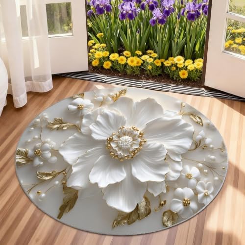 Floral Round Area Rug - 5ft Relief Floral Round Rug for Living Room, Modern Luxury Circle Rugs Washable Soft Non-Slip Carpet for Bathroom Bedside Sofa Coffee Table Decor Mat