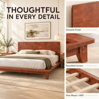 Queen Size Japanese Wooden Bed Frame with Brown Headboard