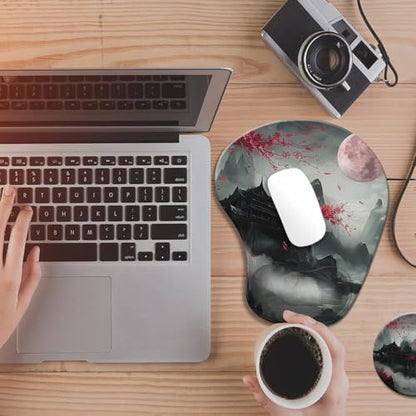 Ergonomic Mouse Pad with Wrist Rest,Comfortable Computer Gel Mouse Pad Wrist Support for Laptop,Pain Relief Mousepad with Non-Slip PU Base Cherry Blossom