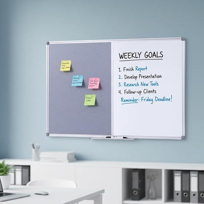 DexBoard 48x36 inch Large Magnetic Combo Board - Dry Erase Whiteboard & Grey Bulletin Board Combination | Framed Corkboard & Magnetic Whiteboard for Office, Classroom, Home | Durable Aluminum Frame