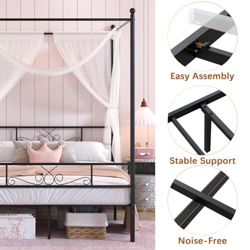 Full Metal Canopy Platform Bed Frame with Headboard, Black
