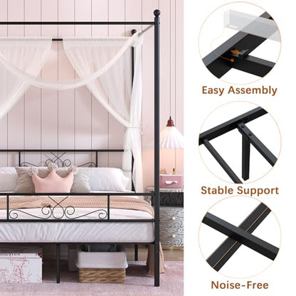 Full Metal Canopy Platform Bed Frame with Headboard, Black