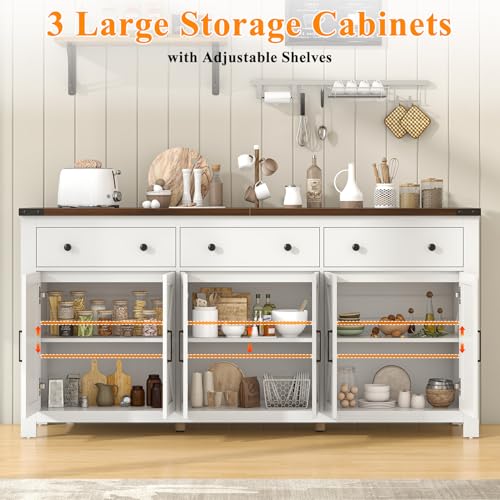 71" Large Sideboard Buffet Cabinet with Storage, Modern Farmhouse Coffee Bar with 3 Drawers and 6 Barn Doors, Dining Room Storage Cabinet, for Kitchen, Living Room, White Wood