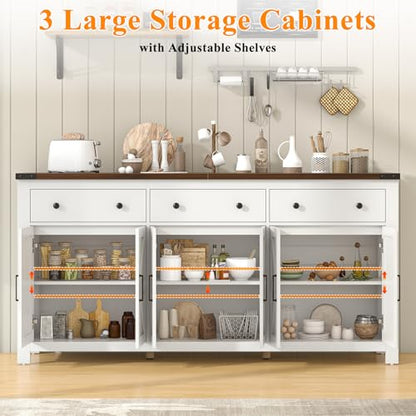 71" Large Sideboard Buffet Cabinet with Storage, Modern Farmhouse Coffee Bar with 3 Drawers and 6 Barn Doors, Dining Room Storage Cabinet, for Kitchen, Living Room, White Wood