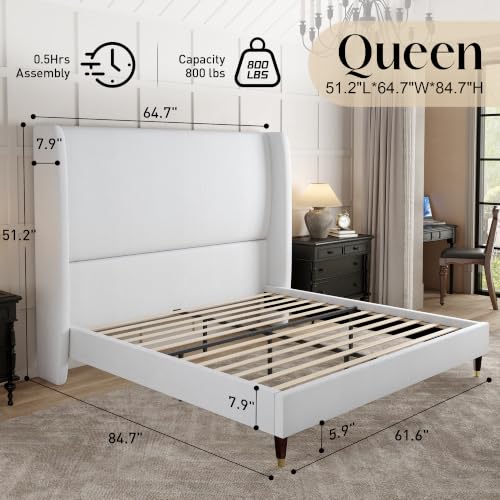 Queen Bed Frame Linen Upholstered 51.2" Tall Headboard, White