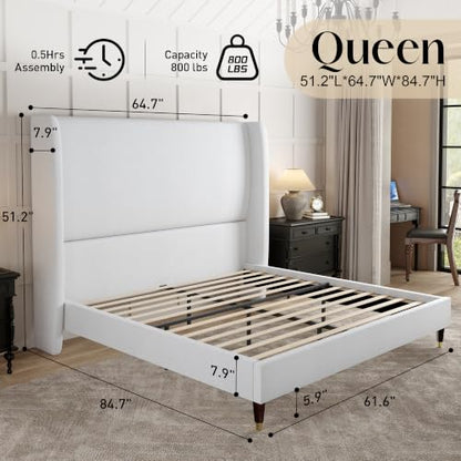 Queen Bed Frame Linen Upholstered 51.2" Tall Headboard, White