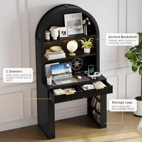 35.4" Arched Writing Desk with Hutch & Power Outlet for Home Office