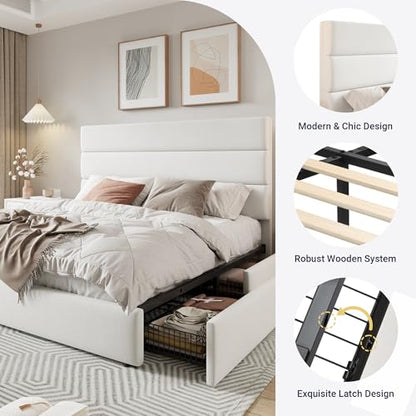 Modern Queen Size Platform Bed Frame with 4 Storage Drawers