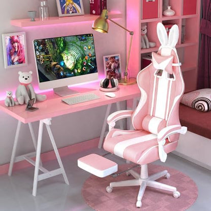 Ferghana Kawaii Pink Gaming Chair with Bunny Ears, Ergonomic Cute Gamer Chair with Footrest and Massage, Racing Reclining Leather Office Computer Game Chair 250lbs for Girls Adults Teens Kids