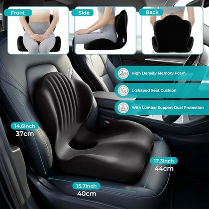 Memory Foam Seat Cushion with Lumbar Support Pillow for Truck Driver, Ergonomic L-Shaped Car Seat Cushion for Tailbone Pressure Relief, Non-Slip Chair Pad for Long Driving, Black