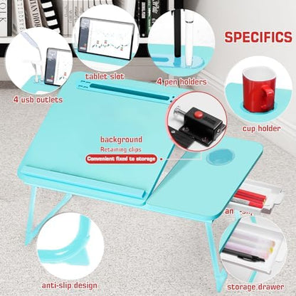 CloudTrip Plus XL Adjustable Laptop Desk with Light, USB Port, iPad Holder, Drawer Storage - Larger 23.6IN Adjustable Lap Desk for Bed, Home Office, Breakfast Tray, Fordable Legs Desk (Light Blue)