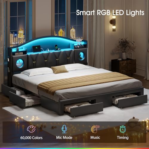 King Size Bed Frame with 6 Storage Drawers, King Bed Frame and Headboard