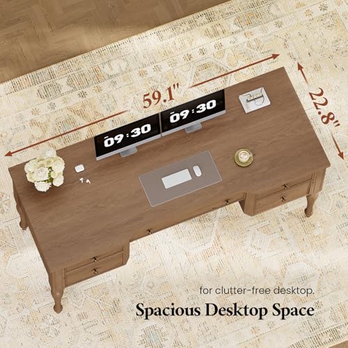 59in Wood Executive Desk with Solid Wood Legs & Keyboard Tray, Brown