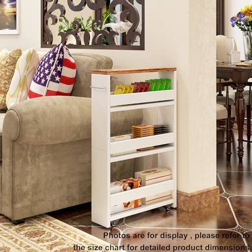 Slim Rolling Storage Cart, Wood 4-Tier Narrow Kitchen/Laundry Cart