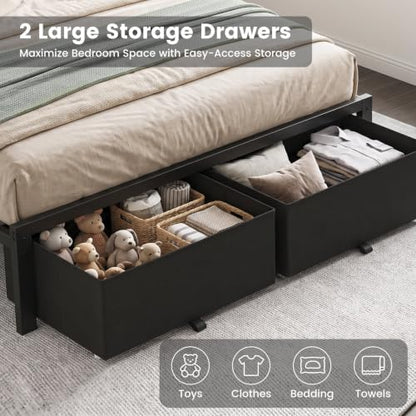 Queen Size Bed Frame with Upholstered Headboard and 2 Storage Drawers
