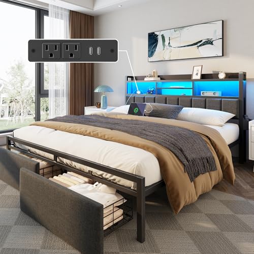 King Size Bed Frame with Headboard, Drawers, Charging Station, LED