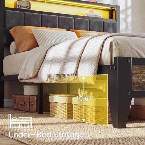 Full Size Bed Frame with Headboard, LED Light & Charging Station