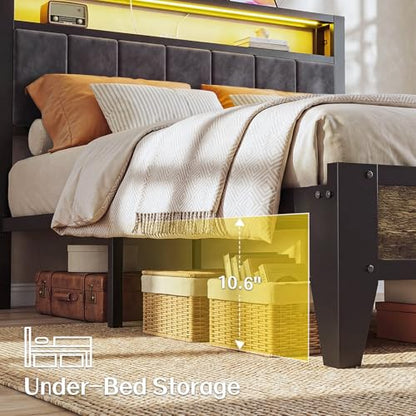 Full Size Bed Frame with Headboard, LED Light & Charging Station