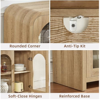 65" Sideboard Buffet Cabinet with Arched Glass Doors, Natural