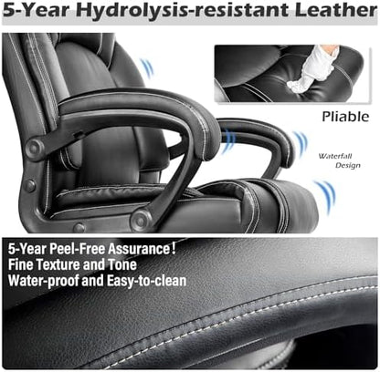 OUTFINE Office Chair Executive Office Chair Desk Chair Computer Chair with 5-Year hydrolysis-Resistant Leather Spring Cushion Ergonomic Support Tilting Function Upholstered in Bonded Leather Black