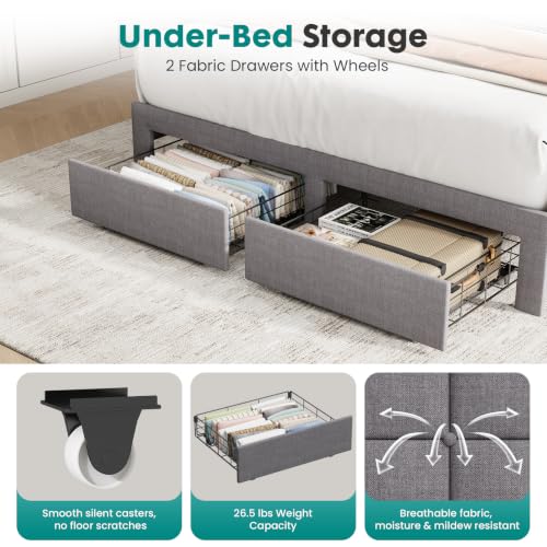 Full Bed Frame, Upholstered Platform Bed Frame with Storage Drawers