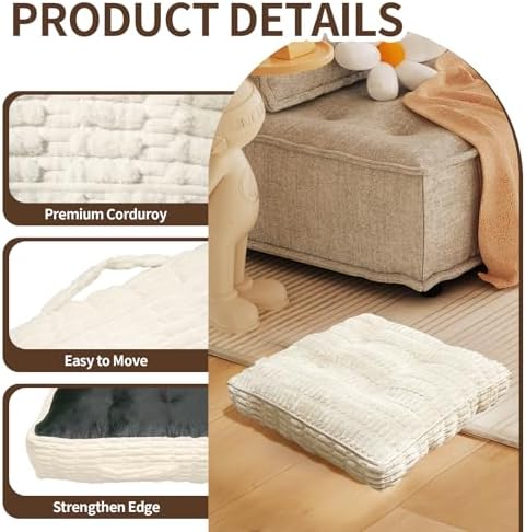 Floor Cushions, Corduroy Floor Pillow, Floors Pillows for Adults & Pets, Large Floors Pouf, Square Floored Pillows for Sitting & Yoga(1PC, Beige White，22"×22"×5.9")