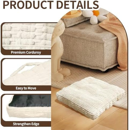 Floor Cushions, Corduroy Floor Pillow, Floors Pillows for Adults & Pets, Large Floors Pouf, Square Floored Pillows for Sitting & Yoga(1PC, Beige White，22"×22"×5.9")