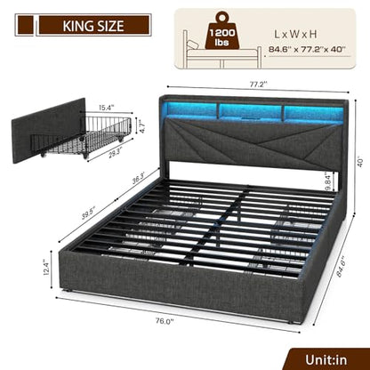 King Size Bed Frame with 4 Storage Drawers and LED Headboard