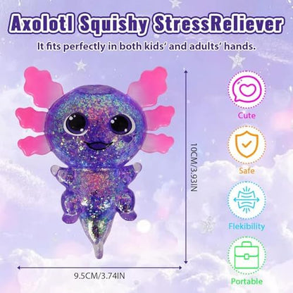 Axolotl Squishy Toy, Cute Slow Rising Fidget Toy for Stress Relief, Soft Squeeze Sensory Toy for Kids and Adults, Handheld Stress Ball for Anxiety and Focus Big Ears Axolotl(Purple)