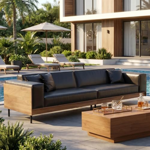 106.3" Mid-Century Modern Leather Sofa Couch with Wood Frame