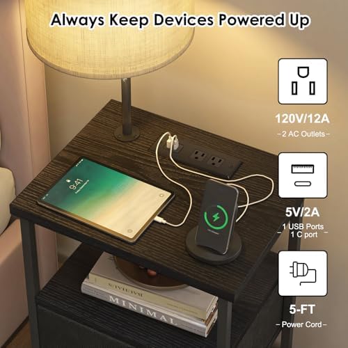Fixwal Nightstand with LED Lights Bedside Table with 3 Color Temperatures Bulb, NightStand with Charging Station End Table with Adjustable Fabric Drawer for Bedroom Dorm, Black