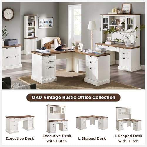 60" L Shaped Farmhouse Executive Desk with Hutch, Antique White
