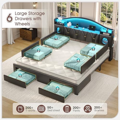 King Size Bed Frame with 6 Storage Drawers, King Bed Frame and Headboard