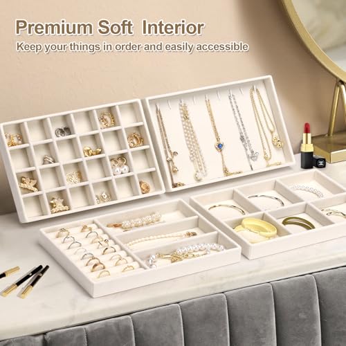 Jenseits 4 Jewelry Organizer Drawer Insert, Stackable Velvet Jewelry Tray Organizer Display Case Storage Containers, Earring Holder Necklace Watch Bracelet Accessary Ring Trays, Gift For Women (Beige)