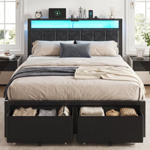 Full Size Bed Frame with Upholstered Headboard and 2 Storage Drawers