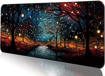Gaming Mouse Pad 31.5x11.8 inch XL Large Extended Mouse Pad, Big Mousepad Desk Mat for Computer with Non-Slip Rubber Base and Stitched Edge-Starry Night Woods