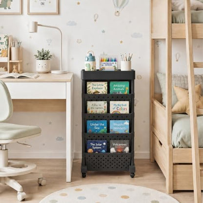 5-Tier Rolling Bookshelf Cart with Wheels, Black