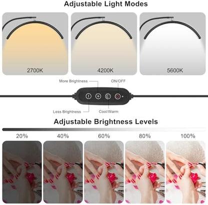 Professional Half Moon LED Desk Light for Nail Techs & Artists – Flexible Gooseneck Lamp with Clamp, 5 Color Modes & 5 Brightness Levels for Manicure, Tattoo, Beauty Work