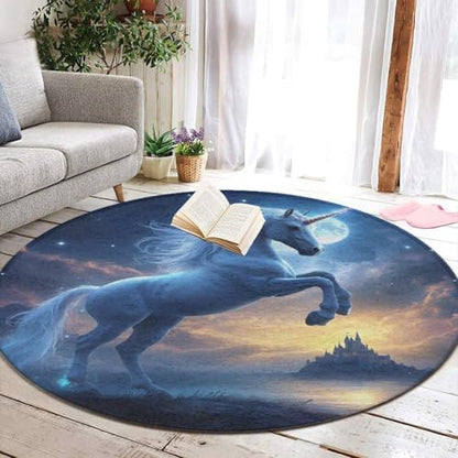 Women's Large Home Decor Mat, Soft Round Yoga Carpet, Non Slip Machine Washable Home Office Circle Rug Unicorns