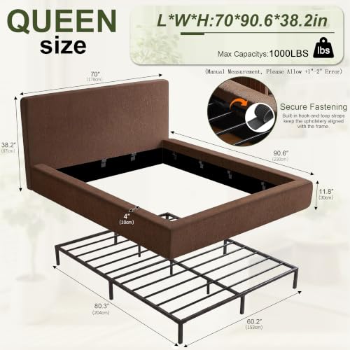 Queen Cloud Bed Frame with Headboard, No Box Spring Needed, Brown-Style A