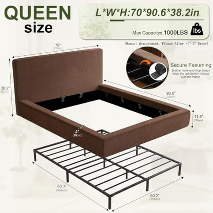 Queen Cloud Bed Frame with Headboard, No Box Spring Needed, Brown-Style A