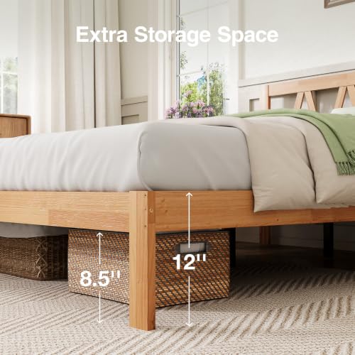 12 Inch Full Size Bed Frame Full Bed Frames with Headboard Solid Wooden BedFrame Foundation, No Box Spring Needed, Easy Assembly, Natural Grain Wood