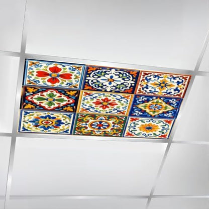 4 Pcs Fluorescent Light Covers for Ceiling Lights Mexican ceramic Ethnic Magnetic Light Filters Decorative for Classroom Office Hospital Home 4x2 Ft
