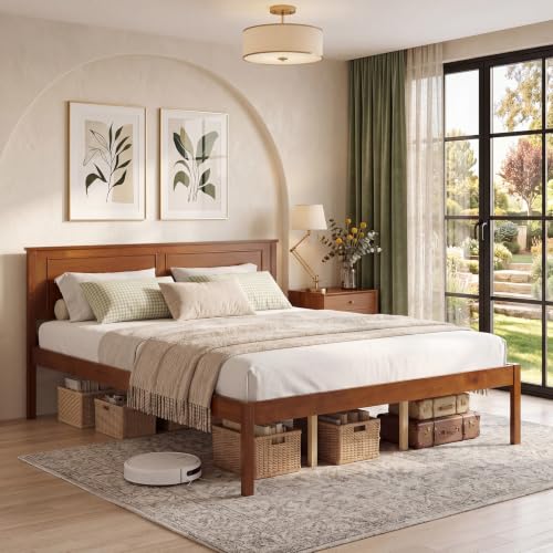 Queen Size Bed Frame, Farmhouse Wooden Platform Bed with Headboard