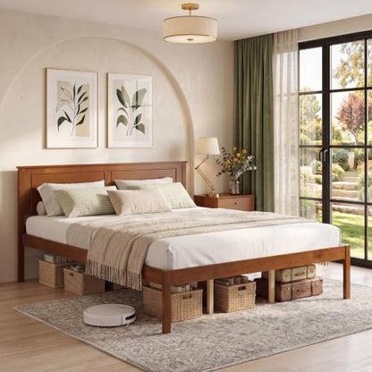 Queen Size Bed Frame, Farmhouse Wooden Platform Bed with Headboard