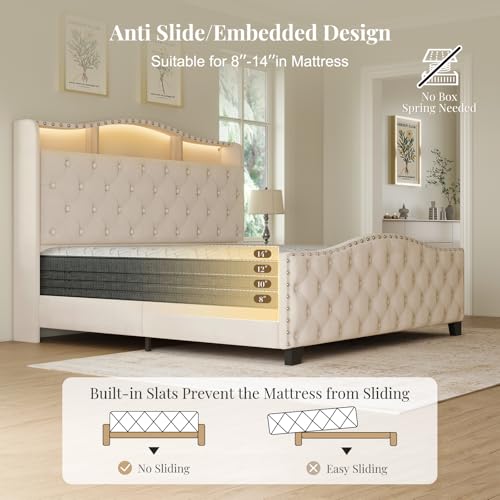 Platform Bed Frame with 50.9" LED Headboard, Queen Beige